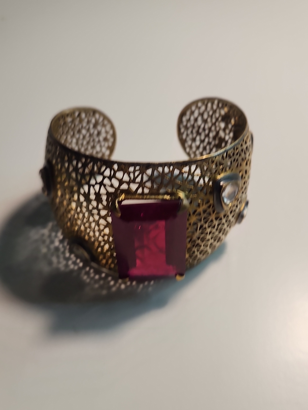 Gold Filigree Cuff Bracelet with Pink Gemstone